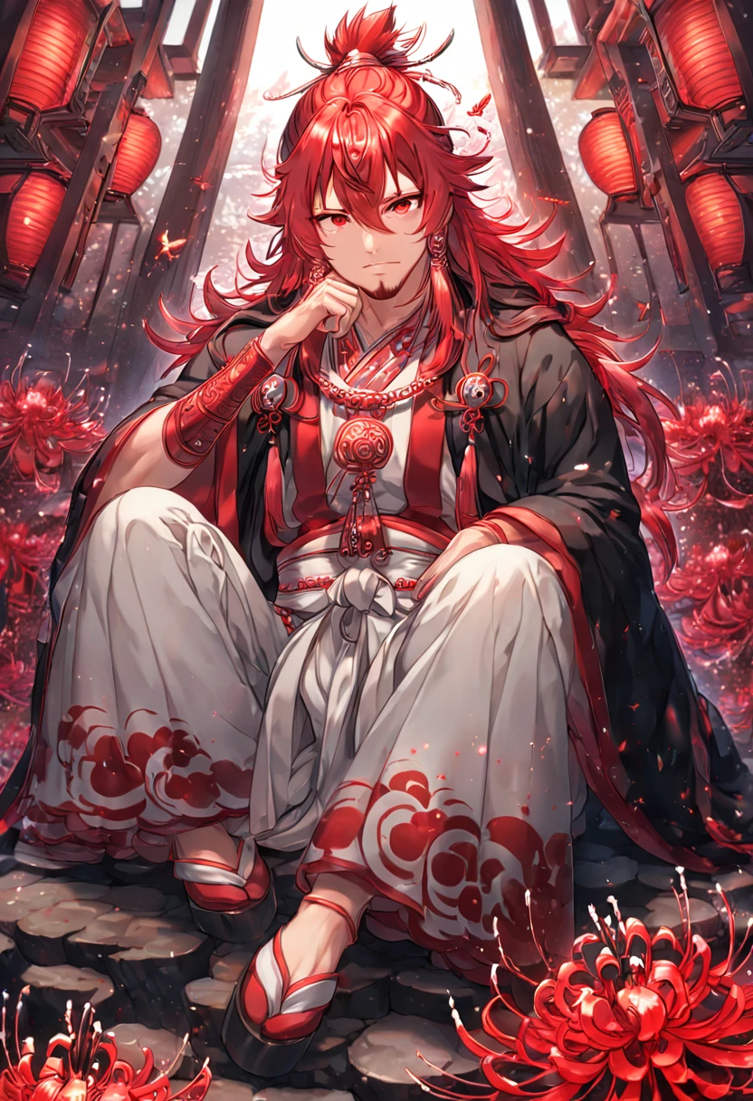 absurdres, highres, ultra detailed, HDR, master piece, best quality, detailed eyes, extremely detailed, delicated features, Ren Kouen, red hair, hair tied into a topknot, hair between the eyes, medium length hair, red goatee, expressive red eyes, Magi The Labyrinth of Magic, solo, sexy man sitting, handsome, manly man, adult, mature face, traditional clothes that are mainly red white and black in colour along with a black flowing cape, magical, fantasy, red spider lilies, red glittering dragonflies, red lanterns, traditional Japanese house, red trees