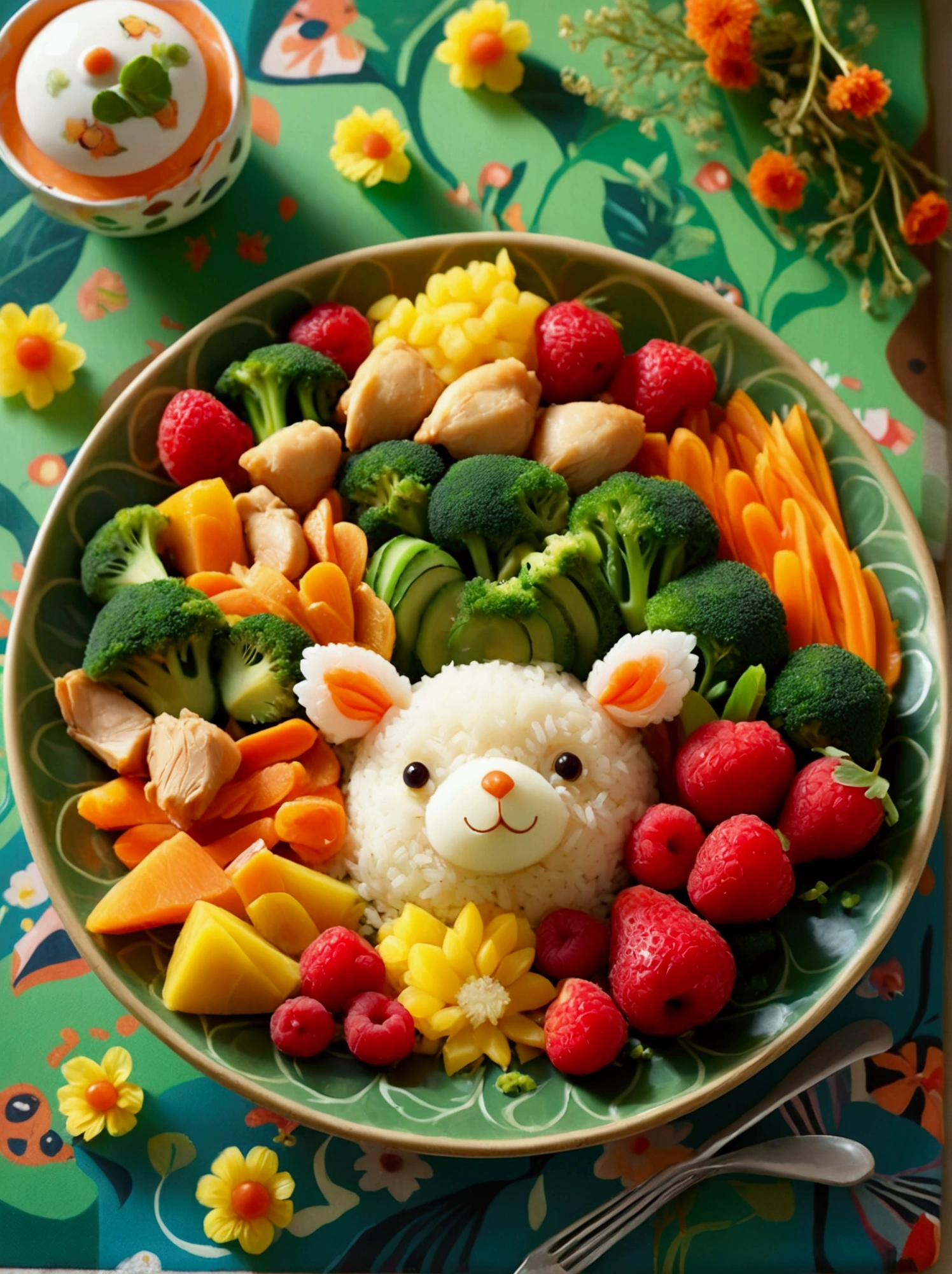 An inviting scene of a children's meal. Imagine a colourful plate in the shape of a cute animal, filled with a balanced selection of nutritious foods. A portion of steamed vegetables, a small portion of chicken, and a side of cooked rice creatively garnished to resemble a friendly creature. Beside the plate, a cup of milk with a brightly colored straw and a small bowl of fresh fruits for dessert are placed. All served on a colourful mat with playful patterns. Make sure to capture the lively and whimsical atmosphere of a kid's mealtime.