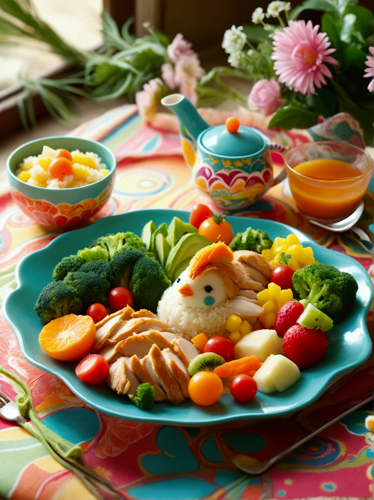 An inviting scene of a children's meal. Imagine a colourful plate in the shape of a cute animal, filled with a balanced selection of nutritious foods. A portion of steamed vegetables, a small portion of chicken, and a side of cooked rice creatively garnished to resemble a friendly creature. Beside the plate, a cup of milk with a brightly colored straw and a small bowl of fresh fruits for dessert are placed. All served on a colourful mat with playful patterns. Make sure to capture the lively and whimsical atmosphere of a kid's mealtime.