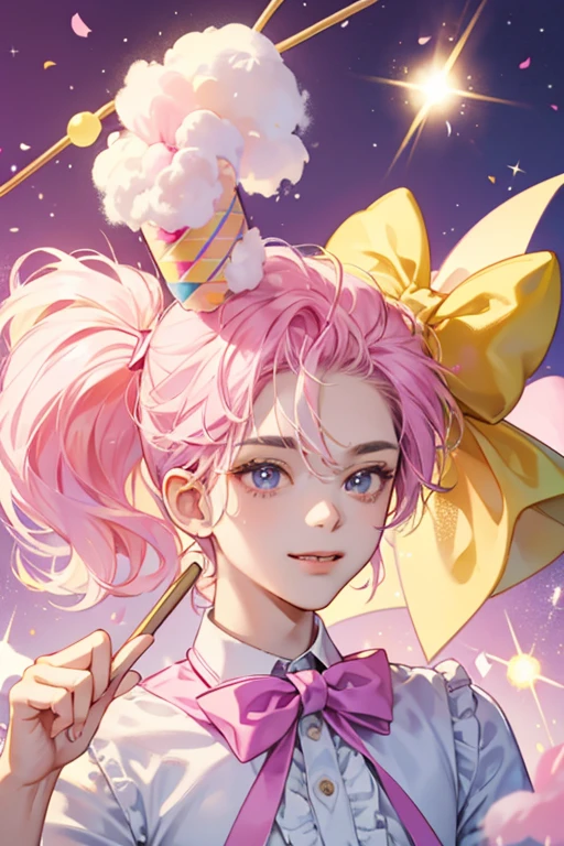 A pink and yellow cotton candy with his tongue sticking out. He has a violet bow and a cotton candy stick which resembles a party hat. SPARKLE; GLITTER
