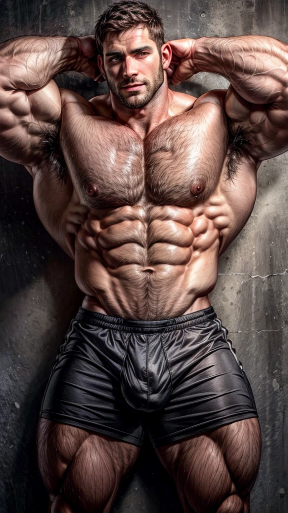 Chris Redfield, bare-chested, massive bulge, hairy legs wide open, thick thighs, muscular giant, 3 meters tall bodybuilder, flexing, massive biceps, oversized biceps are 240 inches, with long oversized arms, bulging muscles, prominent veins, broad shoulders, beefy build, hefty, muscle swelling, very hot male, beefy pecs, hairy chest, six-pack ABS, hairy abdomen, hairy groin, manly, handsome male, wide jawline, full of muscles veins, stare straight, much testosterone, tough guy, shy smile.