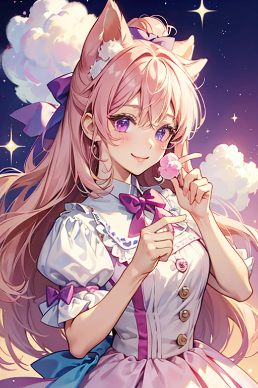 A beige and magenta cotton candy puff. She has a happy-winking expression with a blue bow. SPARKLE; GLITTER