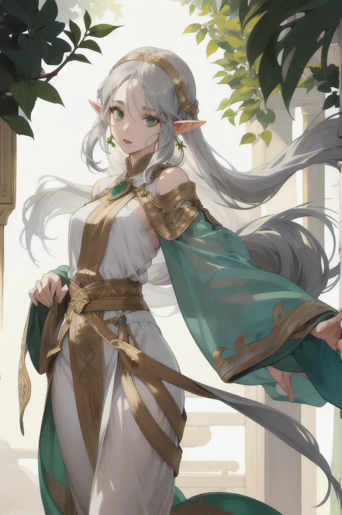 (Absurd, High resolution, Super detailed), (One girl:1.3), whole body、Gray Hair,Long Hair, Gaze, とてもLong Hair, Elf、Green Eyes、Arabian dancer in white clothes、Droopy eyes, Simple Background, anime風, anime, Gold Accessories、Body facing forward