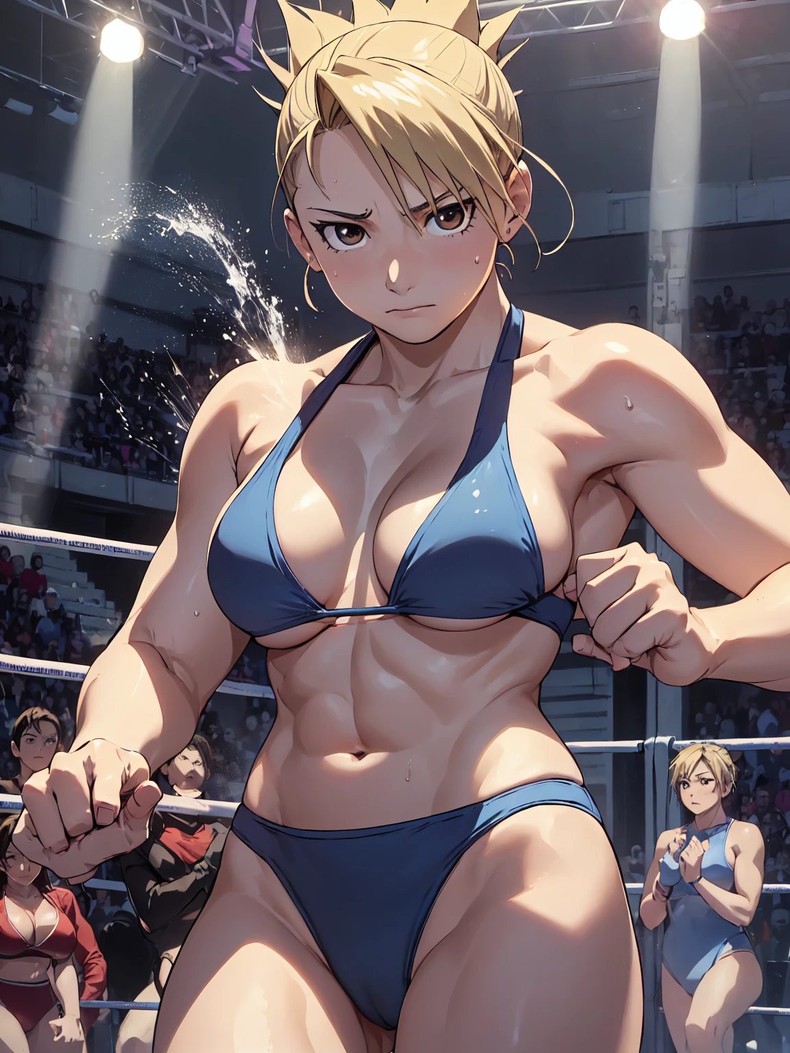 masterpiece, Highest quality, High resolution, One Girl, Hamriz, ponytail, Brown eyes,big , マイクロbikini、Cowboy Shot、Muscular body、blush、Sweat、Composition from the front、anime、(((Light blue bikini、Stand in front、audience、Shaking breasts、Boobs fully exposed、Facing forward)))、((Wrestling Arena)), (Fighting Pose、Boxing gloves、Female wrestler), (Slender body, 発Sweat, tired), Mature Woman, Mature Woman, (bikini, Very detailed wrestling equipment) 