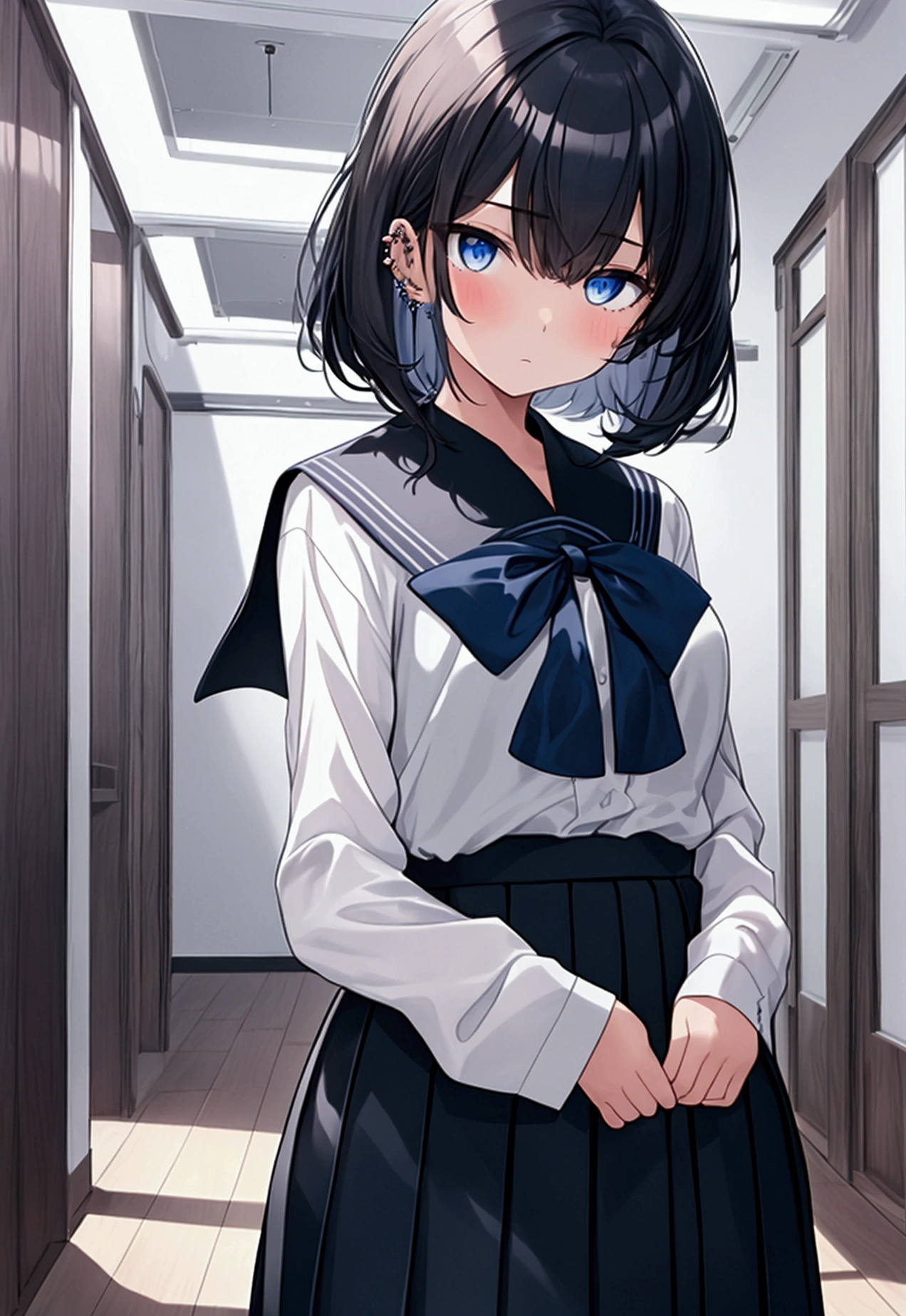 A very pretty girl with short black hair, and piercing blue eyes, He is standing with a serene but intriguing expression. He wears a classic Japanese school uniform, which includes a white blouse with a navy blue bow, a blue pleated skirt and dark stockings. His hair is slightly disheveled, adding an air of mystery to your appearance. The scene is set in a school environment, with dark and empty hallways, or a classroom with dim lighting that casts long shadows. The girl is looking into the camera, His eyes shine with an intensity that suggests he knows more than he&#39;s letting on.. His pose is relaxed but enigmatic, perhaps with a hand in his pocket or playing with a strand of his hair. The general atmosphere of the image is one of mystery, with a touch of suspense, as if the girl was hiding a secret or was involved in a deep and intriguing story.
