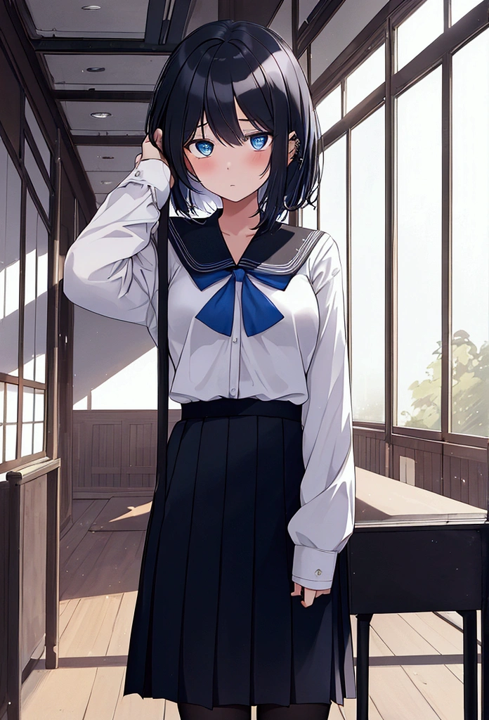 A very pretty girl with short black hair, and piercing blue eyes, He is standing with a serene but intriguing expression. He wears a classic Japanese school uniform, which includes a white blouse with a navy blue bow, a blue pleated skirt and dark stockings. His hair is slightly disheveled, adding an air of mystery to your appearance. The scene is set in a school environment, with dark and empty hallways, or a classroom with dim lighting that casts long shadows. The girl is looking into the camera, His eyes shine with an intensity that suggests he knows more than he's letting on.. His pose is relaxed but enigmatic, perhaps with a hand in his pocket or playing with a strand of his hair. The general atmosphere of the image is one of mystery, with a touch of suspense, as if the girl was hiding a secret or was involved in a deep and intriguing story.