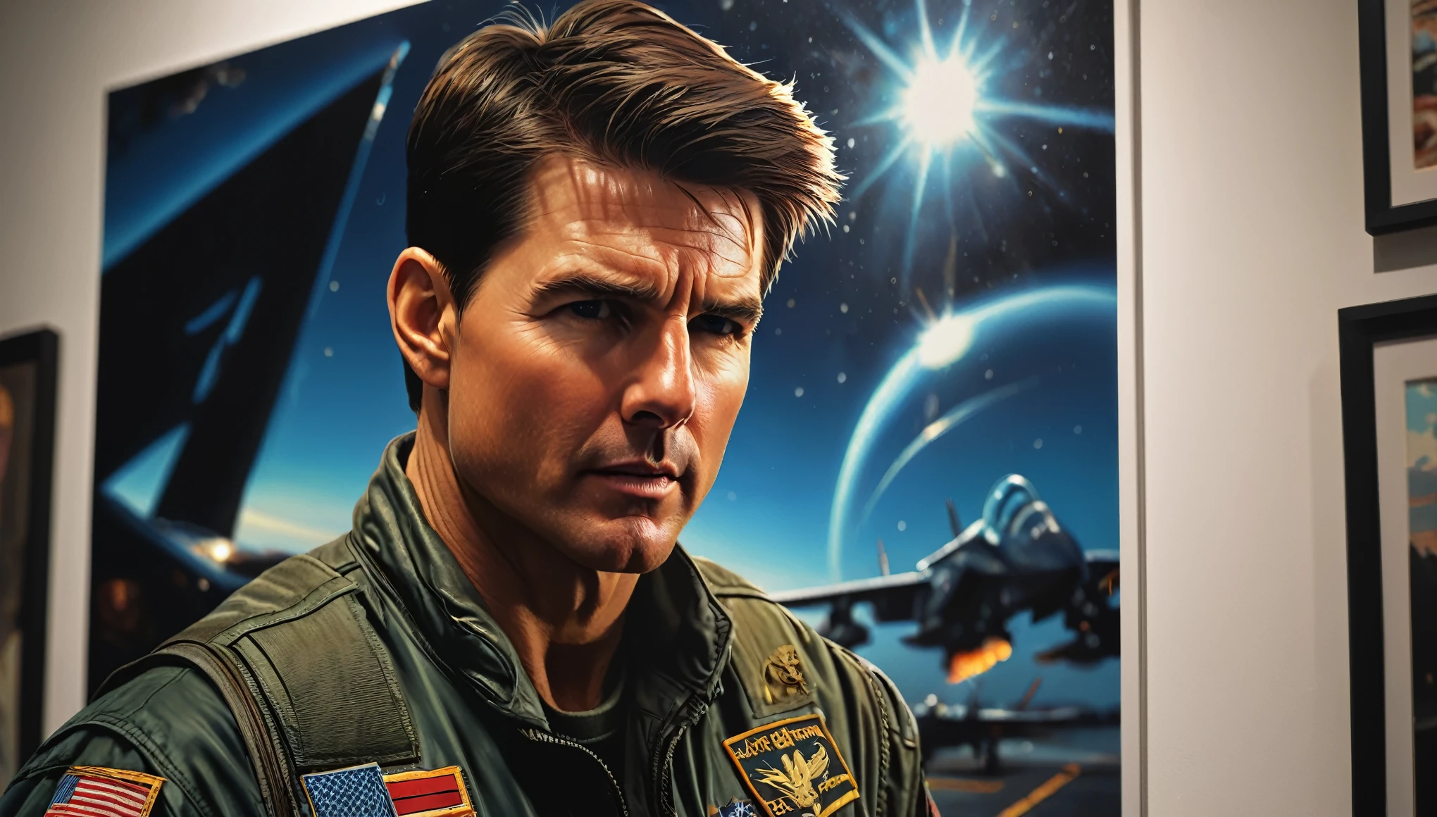 Tom Cruise from Top Gun, vhs effect, (poster:1.2),poster on wall, nostalgia, movie poster, (skin texture), intricately detailed, fine details, hyperdetailed, raytracing, subsurface scattering, diffused soft lighting, shallow depth of field, by (Oliver Wetter) professional majestic oil painting by Ed Blinkey, Atey Ghailan, Studio Ghibli, by Jeremy Mann, Greg Manchess, Antonio Moro, trending on ArtStation, trending on CGSociety, Intricate, High Detail, Sharp focus, dramatic, photorealistic painting art by (greg rutkowski:1.4), bokeh