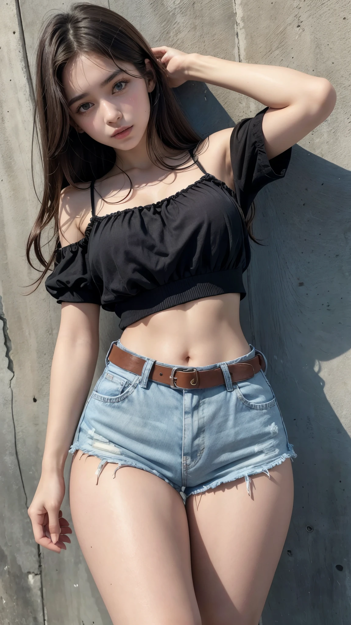 Beautiful 18-year-old brunette girl wearing a short spaghetti strap blouse and high-waisted denim shorts, wearing a black belt and showing her navel