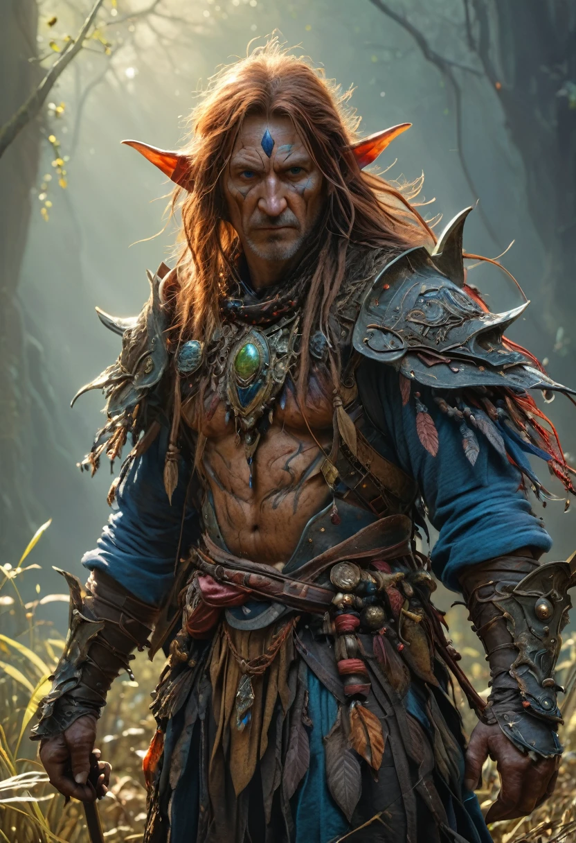 (best quality,4k,8k,highres,masterpiece:1.2),ultra-detailed,(realistic,photorealistic,photo-realistic:1.37), dangerous hobgoblin, fierce, tribal armor, mace weapon, (battle scars), ominous atmosphere, highly detailed face and body, dramatic lighting, vibrant color, detailed landscape, intricate, ethereal beauty, From Brian Froud and Carne Griffiths and Wadim Kashin and John William Waterhouse, 8K post-production, high resolution, hyperdetailed, depth of field, HDR, intricate