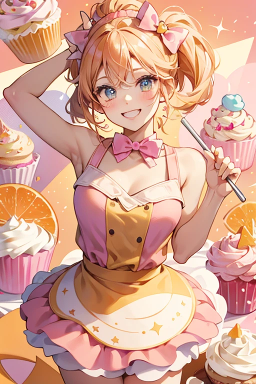 An orange and beige cupcake with a pink swirl of icing. She has happy-winking face with a dark pink bow. SPARKLE; GLITTER