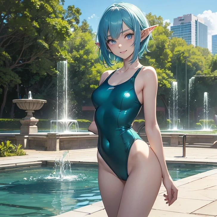 Absurdres, masterpiece, highest quality, very detailed features and textures, alone solo character, anime style, fantasy genre
{{(14 years old blue haired elf girl: (pale skin, short messy spiky blue hair, heterochromatic eyes, very thin lips, nice teenage body, breasts, big butt, beautiful arms, beautiful legs, happy face, open smile, running happy), (green one-piece swimsuit), (fountain plaza, natural park, marmol road, sunny morning)}}
