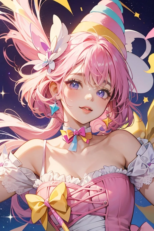 A pink and yellow cotton candy with her tongue sticking out. sHe has a violet bow and a cotton candy stick which resembles a party hat. SPARKLE; GLITTER