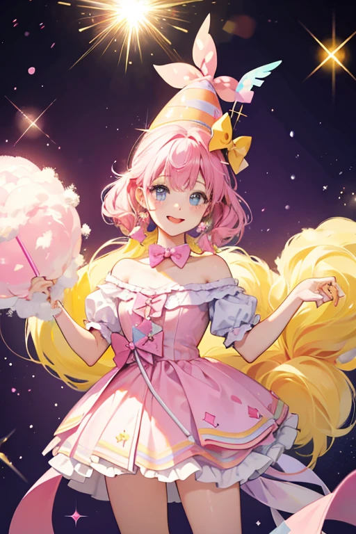 A pink and yellow cotton candy with her tongue sticking out. sHe has a violet bow and a cotton candy stick which resembles a party hat. SPARKLE; GLITTER