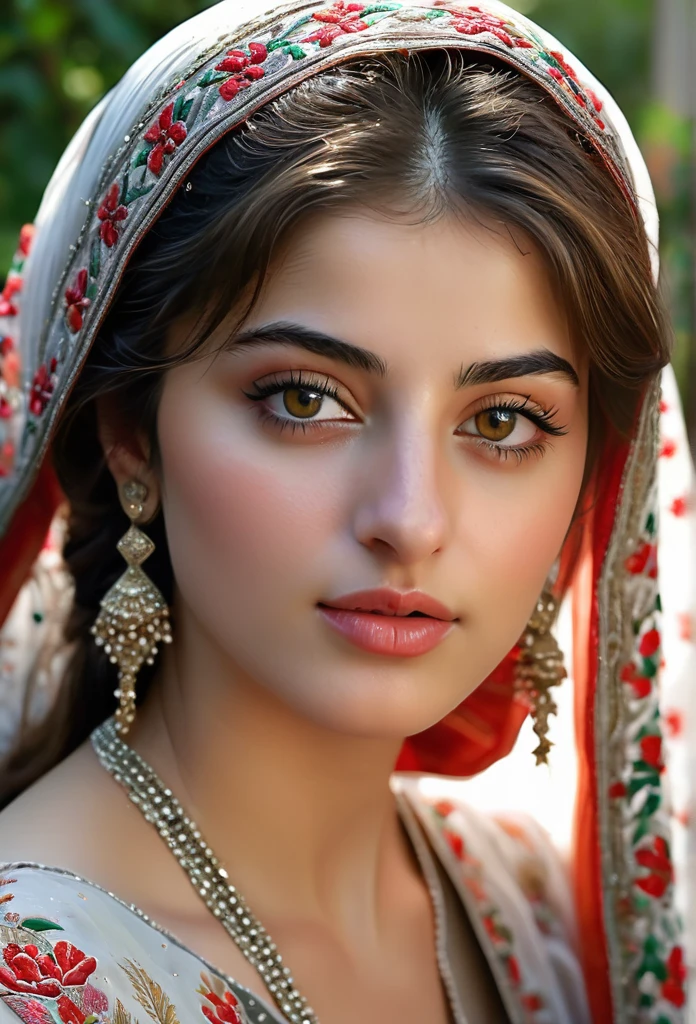 (best quality,4k,8k,highres,masterpiece:1.2),ultra-detailed,(realistic,photorealistic,photo-realistic:1.37),stunning, vibrant colors,syrian young girl,beautiful detailed eyes,beautiful detailed lips,longeyelashes,medium:oil painting,soft blending techniques,warm and natural lighting,emotional expression,gentle smile,captivating gaze,delicate facial features,flowing hair,traditional syrian clothing,ornate patterns and embroidery,subtle texture on the skin,fine brushwork on the background,dreamy atmosphere,intimate and close-up composition,subtle hint of sadness but with hope shining through,a sense of resilience and strength,peaceful garden in the background,with colorful flowers and trees,soft sunlight filtering through the leaves,serene and tranquil setting,harmony between the girl and her surroundings