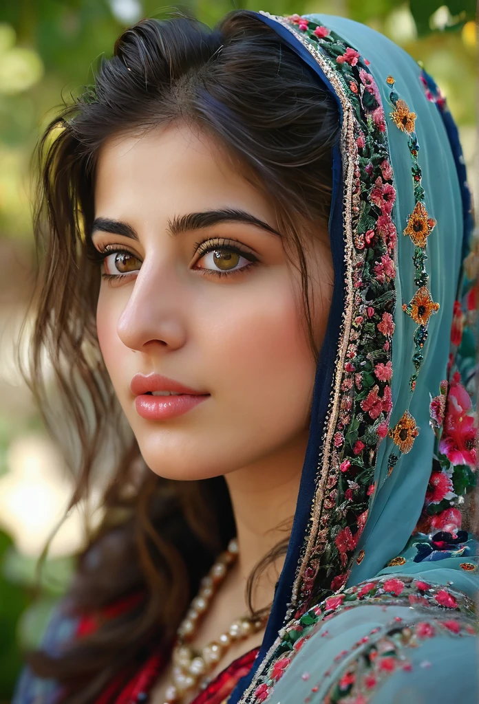 (best quality,4k,8k,highres,masterpiece:1.2),ultra-detailed,(realistic,photorealistic,photo-realistic:1.37),stunning, vibrant colors,syrian young girl,beautiful detailed eyes,beautiful detailed lips,longeyelashes,medium:oil painting,soft blending techniques,warm and natural lighting,emotional expression,gentle smile,captivating gaze,delicate facial features,flowing hair,traditional syrian clothing,ornate patterns and embroidery,subtle texture on the skin,fine brushwork on the background,dreamy atmosphere,intimate and close-up composition,subtle hint of sadness but with hope shining through,a sense of resilience and strength,peaceful garden in the background,with colorful flowers and trees,soft sunlight filtering through the leaves,serene and tranquil setting,harmony between the girl and her surroundings