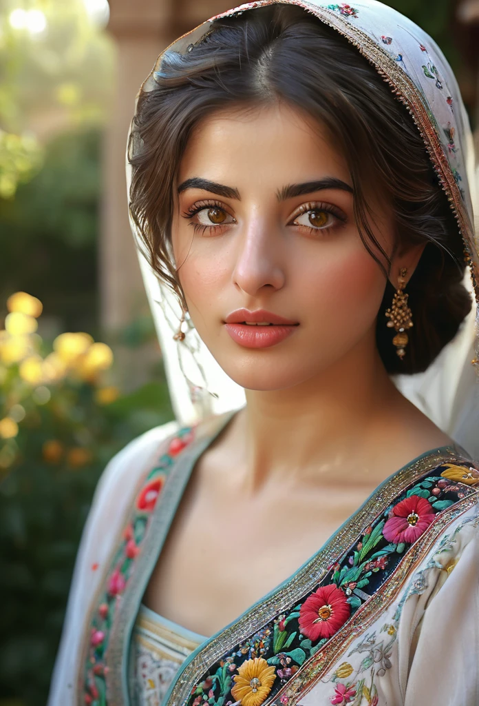 (best quality,4k,8k,highres,masterpiece:1.2),ultra-detailed,(realistic,photorealistic,photo-realistic:1.37),stunning, vibrant colors,syrian young girl,beautiful detailed eyes,beautiful detailed lips,longeyelashes,medium:oil painting,soft blending techniques,warm and natural lighting,emotional expression,gentle smile,captivating gaze,delicate facial features,flowing hair,traditional syrian clothing,ornate patterns and embroidery,subtle texture on the skin,fine brushwork on the background,dreamy atmosphere,intimate and close-up composition,subtle hint of sadness but with hope shining through,a sense of resilience and strength,peaceful garden in the background,with colorful flowers and trees,soft sunlight filtering through the leaves,serene and tranquil setting,harmony between the girl and her surroundings