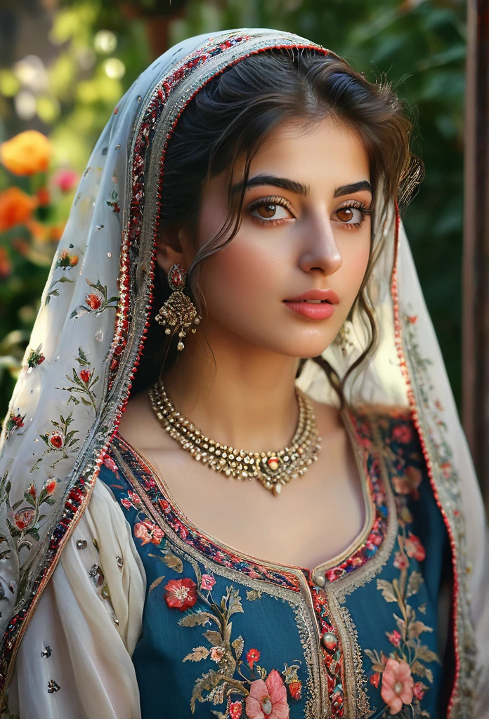 (best quality,4k,8k,highres,masterpiece:1.2),ultra-detailed,(realistic,photorealistic,photo-realistic:1.37),stunning, vibrant colors,syrian young girl,beautiful detailed eyes,beautiful detailed lips,longeyelashes,medium:oil painting,soft blending techniques,warm and natural lighting,emotional expression,gentle smile,captivating gaze,delicate facial features,flowing hair,traditional syrian clothing,ornate patterns and embroidery,subtle texture on the skin,fine brushwork on the background,dreamy atmosphere,intimate and close-up composition,subtle hint of sadness but with hope shining through,a sense of resilience and strength,peaceful garden in the background,with colorful flowers and trees,soft sunlight filtering through the leaves,serene and tranquil setting,harmony between the girl and her surroundings