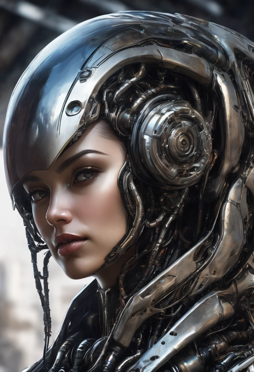 female face, female, robust young engineer with cybernetic enhancements, difficult, elegant, very detailed, digital painting, ArtStation, conceptual art, smooth, Sharp Focus, illustration, Giger's art, Greg Rutkowski and Alphonse Mucha, beautiful dramatic lighting