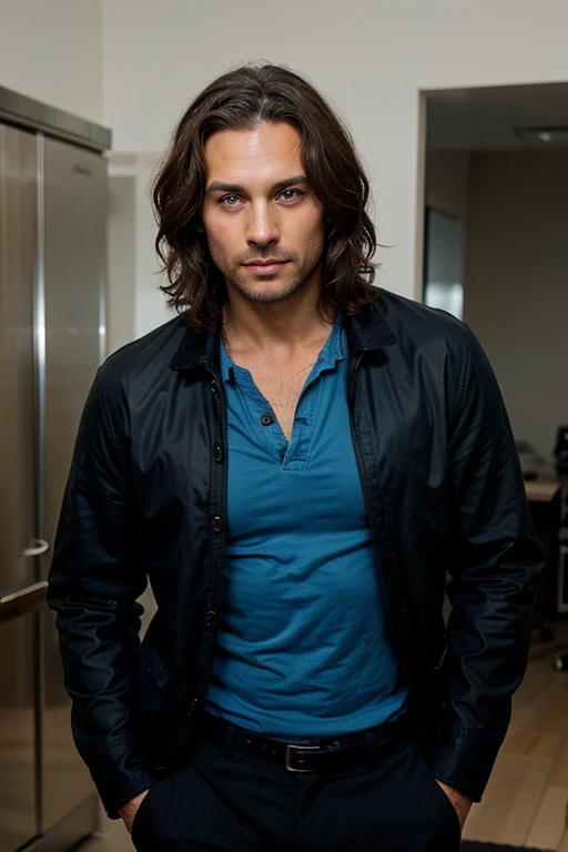 Handsome Man 38 years old, lean muscular body, tan skin olive, his eyes are blue, 1.90m, his hair is dark brown with natural waves that flow down his shoulders, a little stubble unshaved, wearing a black jacket, blue shirt, black pants