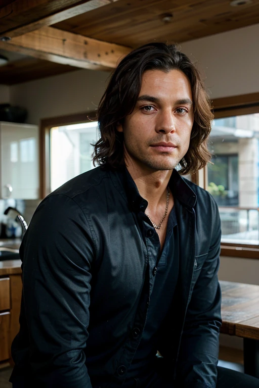 Handsome Man 38 years old, lean muscular body, tan skin olive, his eyes are blue, 1.90m, his hair is dark brown with natural waves that flow down his shoulders, a little stubble unshaved, wearing a black jacket, blue shirt, black pants