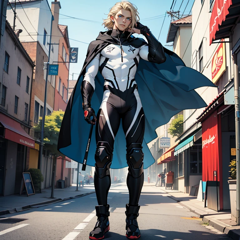 ((masterpiece)), (((best quality))), superhero, solo, 1 male, pale white skin, light blonde hair, medium hair, straight hair, handsome man, scenery of a city, blue eyes, simple earrings, tight black and white supersuit, long cape, knee pads, detailed face, full body, standing straight, highest quality, highly detailed, original, high resolution CG Unit 8k wallpaper, (best quality, artwork, masterpiece, 4k)