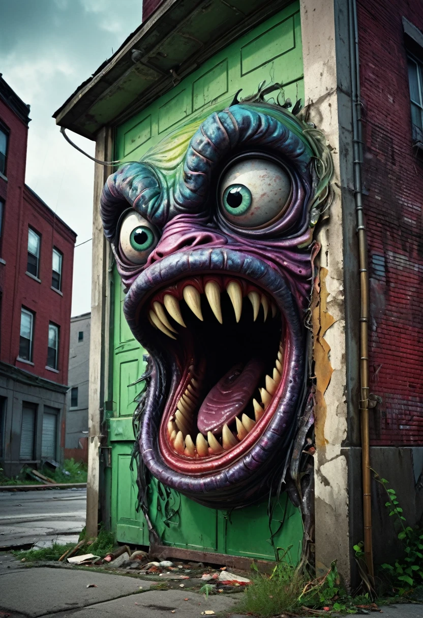 garbage pail kids style, a worm with a face sticking out of the side of a building, garbage pail kid style, a grotesque humanoid worm creature,highly detailed face emerging from the side of a dilapidated building,grungy urban environment, vibrant colors, surreal and bizarre, twisted and distorted, nightmarish and unsettling, (best quality,4k,8k,highres,masterpiece:1.2),ultra-detailed,(realistic,photorealistic,photo-realistic:1.37),grotesque,surreal,dark fantasy,horror,bizarre,unsettling,unsettling atmosphere,gritty,urban decay,detailed textures,vibrant colors,twisted,distorted,monstrous,nightmarish