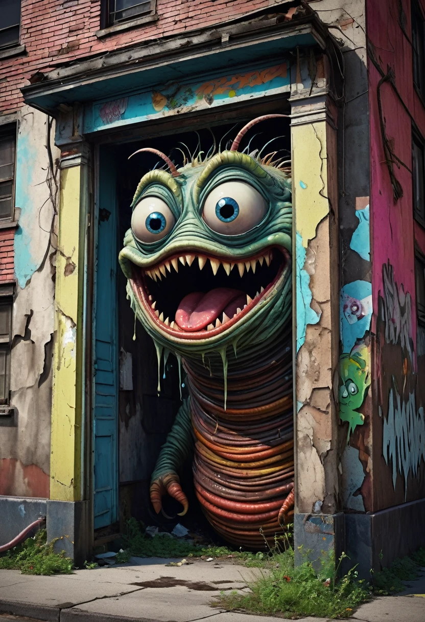 garbage pail kids style, a worm with a face sticking out of the side of a building, garbage pail kid style, a grotesque humanoid worm creature,highly detailed face emerging from the side of a dilapidated building,grungy urban environment, vibrant colors, surreal and bizarre, twisted and distorted, nightmarish and unsettling, (best quality,4k,8k,highres,masterpiece:1.2),ultra-detailed,(realistic,photorealistic,photo-realistic:1.37),grotesque,surreal,dark fantasy,horror,bizarre,unsettling,unsettling atmosphere,gritty,urban decay,detailed textures,vibrant colors,twisted,distorted,monstrous,nightmarish