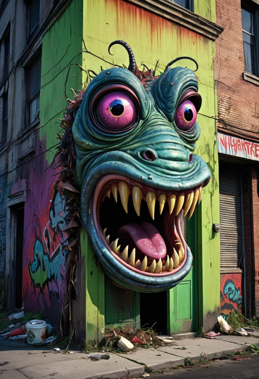 garbage pail kids style, a worm with a face sticking out of the side of a building, garbage pail kid style, a grotesque humanoid worm creature,highly detailed face emerging from the side of a dilapidated building,grungy urban environment, vibrant colors, surreal and bizarre, twisted and distorted, nightmarish and unsettling, (best quality,4k,8k,highres,masterpiece:1.2),ultra-detailed,(realistic,photorealistic,photo-realistic:1.37),grotesque,surreal,dark fantasy,horror,bizarre,unsettling,unsettling atmosphere,gritty,urban decay,detailed textures,vibrant colors,twisted,distorted,monstrous,nightmarish