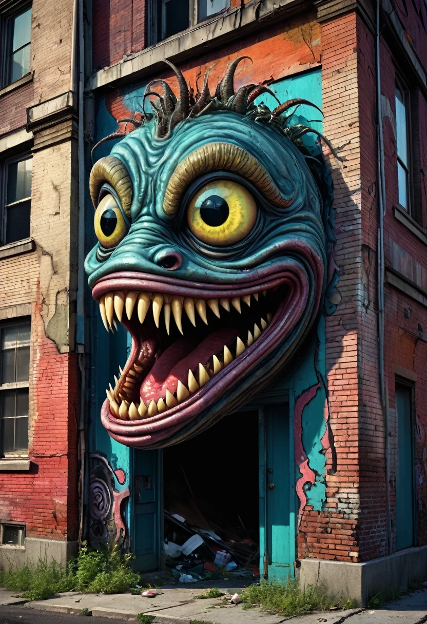 garbage pail kids style, a worm with a face sticking out of the side of a building, garbage pail kid style, a grotesque humanoid worm creature,highly detailed face emerging from the side of a dilapidated building,grungy urban environment, vibrant colors, surreal and bizarre, twisted and distorted, nightmarish and unsettling, (best quality,4k,8k,highres,masterpiece:1.2),ultra-detailed,(realistic,photorealistic,photo-realistic:1.37),grotesque,surreal,dark fantasy,horror,bizarre,unsettling,unsettling atmosphere,gritty,urban decay,detailed textures,vibrant colors,twisted,distorted,monstrous,nightmarish