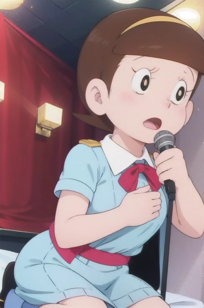 a beautiful idol girl hoshinosumire singing on stage, 1980s retro art style, 1990s style, detailed facial features, long eyelashes,cute expression, audience watching, best quality, 4K, 8k, highres, masterpiece, ultra-detailed, realistic, photorealistic, vivid colors, studio lighting, sharp focus, physically-based rendering, Full body images, Singing without a microphone,5 heads and a good figure, Make your breasts a little bigger,More pleasure-filled expressions,Kneeling on the bed,Sexy clothes that expose the chest