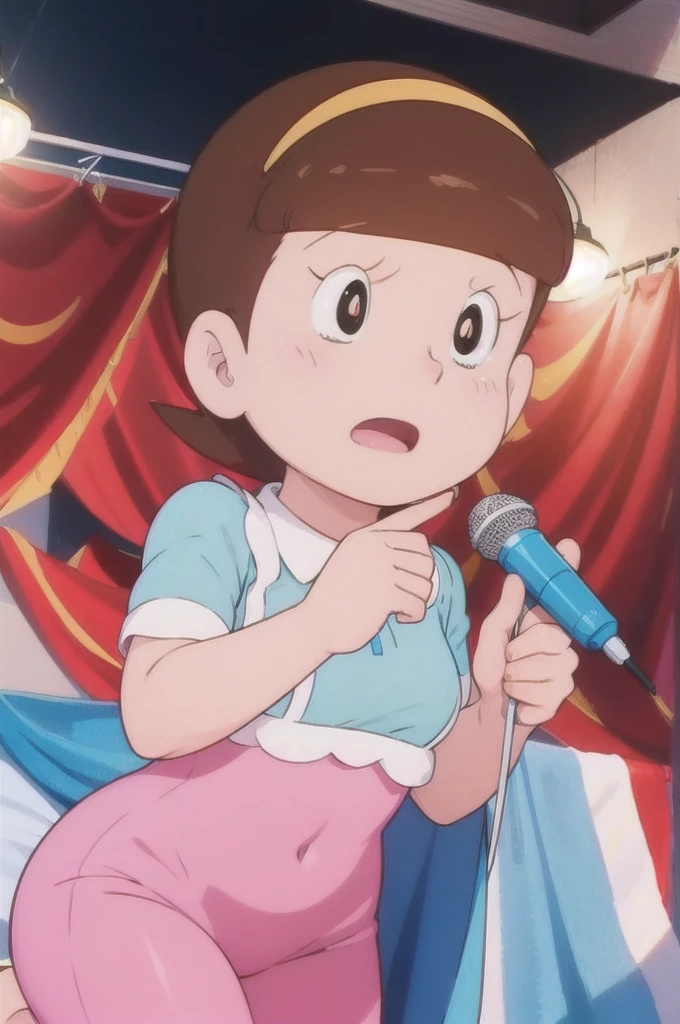 a beautiful idol girl hoshinosumire singing on stage, 1980s retro art style, 1990s style, detailed facial features, long eyelashes,cute expression, audience watching, best quality, 4K, 8k, highres, masterpiece, ultra-detailed, realistic, photorealistic, vivid colors, studio lighting, sharp focus, physically-based rendering, Full body images, Singing without a microphone,5 heads and a good figure, Make your breasts a little bigger,More pleasure-filled expressions,Kneeling on the bed,Sexy clothes that expose the chest