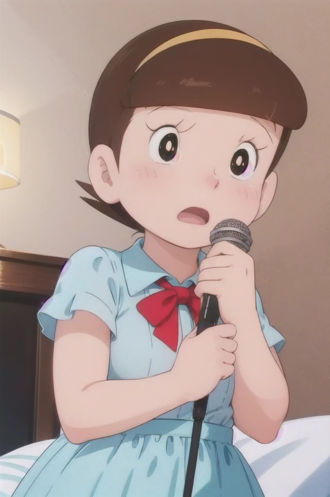 a beautiful idol girl hoshinosumire singing on stage, 1980s retro art style, 1990s style, detailed facial features, long eyelashes,cute expression, audience watching, best quality, 4K, 8k, highres, masterpiece, ultra-detailed, realistic, photorealistic, vivid colors, studio lighting, sharp focus, physically-based rendering, Full body images, Singing without a microphone,5 heads and a good figure, Make your breasts a little bigger,More pleasure-filled expressions,Kneeling on the bed,Sexy clothes that expose the chest