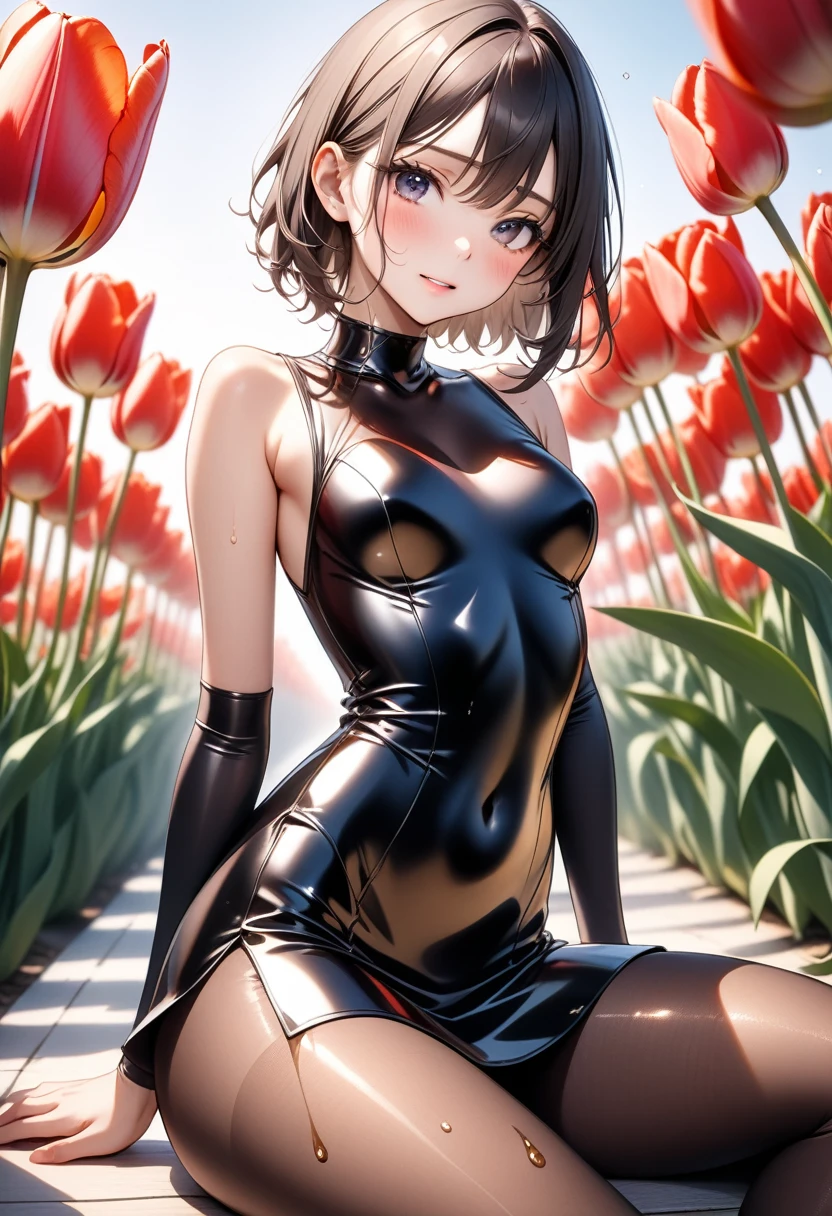 ((Tulip-inspired dress)), ((skirt)), ((pantyhose)), ((Shiny Costumes)), skindentation, skinny, solo, 1 woman, Masterpiece, highest quality, highest quality, 16K, incredibly absurd, highly detailed, 2.5D, ai-generated, delicate and dynamic, very delicate facial expressions, delicate eye depiction, erotic, only sexy woman, ((A cute and kind face)), healthy figure, ((25-year-old woman)), 160cm tall, medium firm swaying bust, , blush, Sweat,Embarrassed,sexy, ((thin thighs)), (camel toe:0.7), (visible nipples:0.3), (Erect nipples,:0.7), shiny and lustrous, facing straight at viewer, (((in heat))), ((Oily_skin)),, ((dutch angle)), ((erotic pose)), (Sitting on a big Tulip),