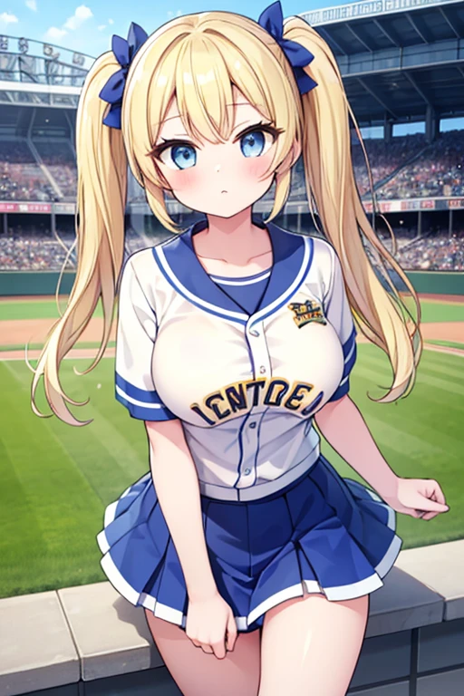 Highest quality,masterpiece,Blonde with blue eyes、Cheerleader、(koshien Baseball Stadium1.1)Koshien Stadium,High School Baseball Cheer Team,Be in the audience,Packed seats,Beautiful breasts、Twin tails、Girl&#39;s cute eyes,,jumping,under boob,enjoy,