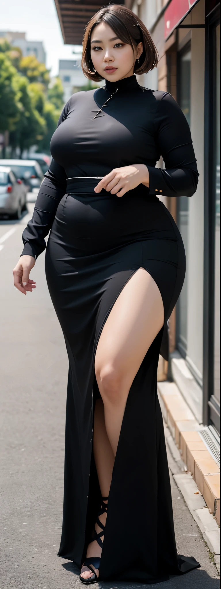 ((best quality)), ((masterpiece)), (detailed), malay woman, perfect face, araffe woman in a dark-black gamis walking down a street, thicc, she has a jiggly fat round belly, bbwchan, wearing tight simple clothes, skinny waist and thick hips, widest hips, her belly is fat and round, soft curvy shape, hyperrealistic full figure, wearing gamis , wide hips