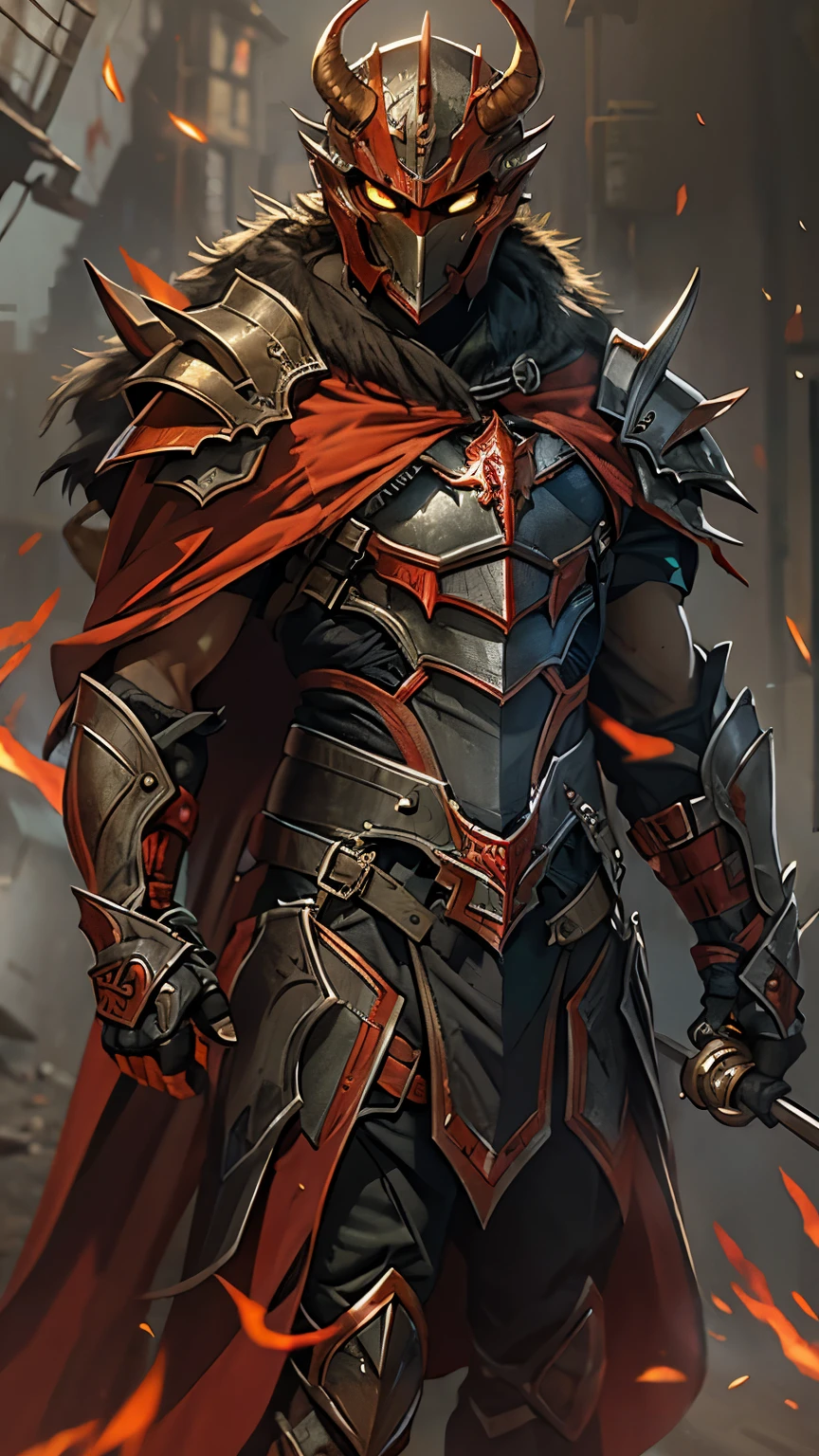 the soldier from hell, like green eyes on fire, demonic iron mask, giant red cape, full body armor!