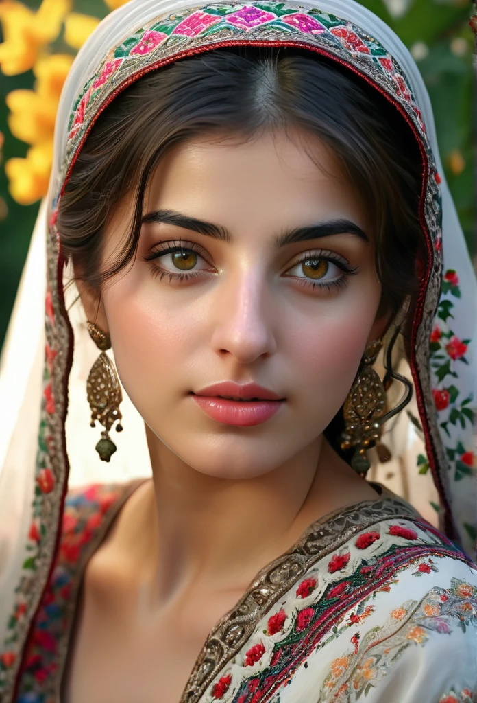 (best quality,4k,8k,highres,masterpiece:1.2),ultra-detailed,(realistic,photorealistic,photo-realistic:1.37),stunning, vibrant colors,syrian young girl,beautiful detailed eyes,beautiful detailed lips,longeyelashes,medium:oil painting,soft blending techniques,warm and natural lighting,emotional expression,gentle smile,captivating gaze,delicate facial features,flowing hair,traditional syrian clothing,ornate patterns and embroidery,subtle texture on the skin,fine brushwork on the background,dreamy atmosphere,intimate and close-up composition,subtle hint of sadness but with hope shining through,a sense of resilience and strength,peaceful garden in the background,with colorful flowers and trees,soft sunlight filtering through the leaves,serene and tranquil setting,harmony between the girl and her surroundings