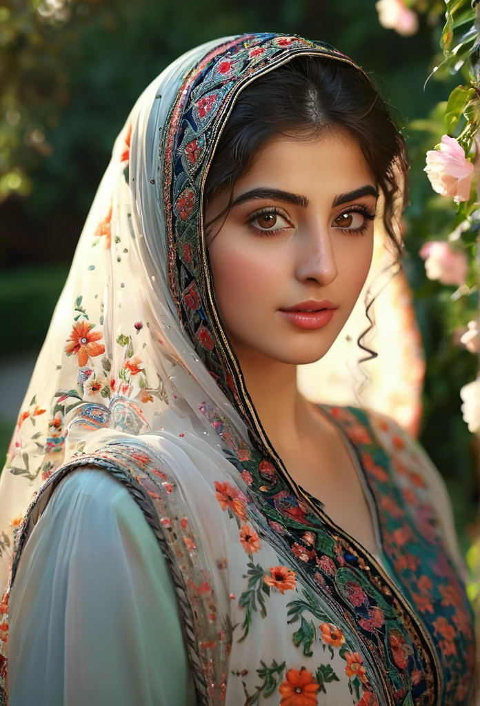 (best quality,4k,8k,highres,masterpiece:1.2),ultra-detailed,(realistic,photorealistic,photo-realistic:1.37),stunning, vibrant colors,syrian young girl,beautiful detailed eyes,beautiful detailed lips,longeyelashes,medium:oil painting,soft blending techniques,warm and natural lighting,emotional expression,gentle smile,captivating gaze,delicate facial features,flowing hair,traditional syrian clothing,ornate patterns and embroidery,subtle texture on the skin,fine brushwork on the background,dreamy atmosphere,intimate and close-up composition,subtle hint of sadness but with hope shining through,a sense of resilience and strength,peaceful garden in the background,with colorful flowers and trees,soft sunlight filtering through the leaves,serene and tranquil setting,harmony between the girl and her surroundings