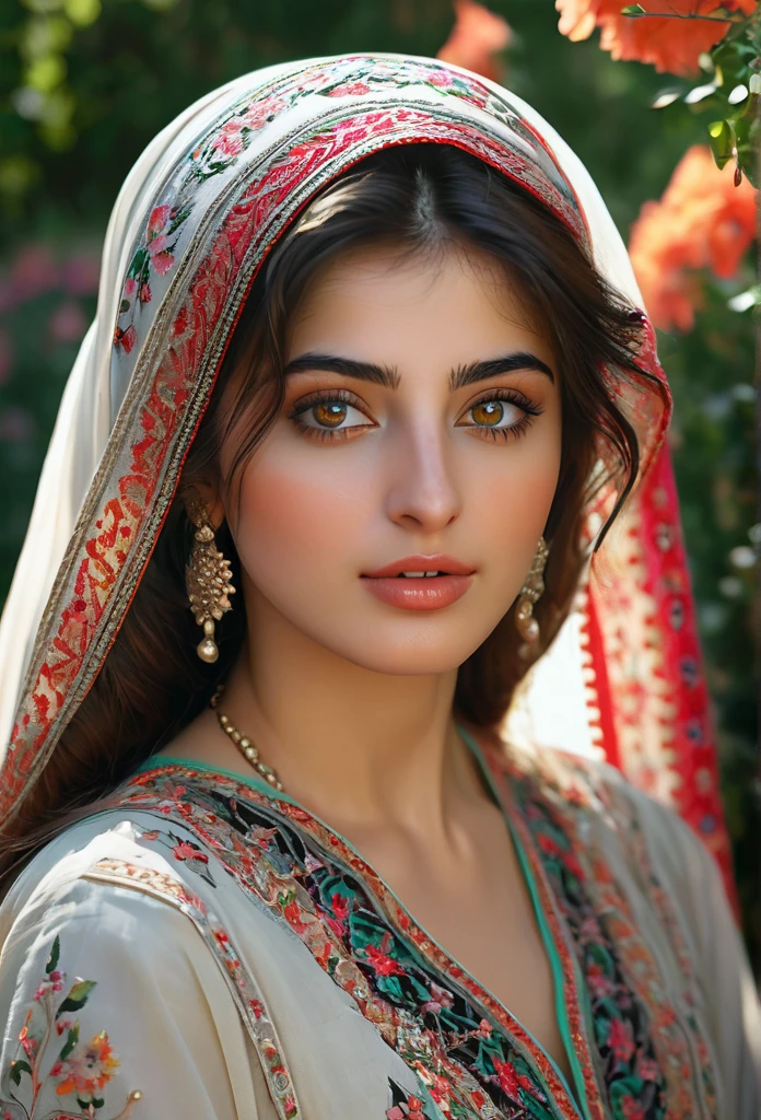 (best quality,4k,8k,highres,masterpiece:1.2),ultra-detailed,(realistic,photorealistic,photo-realistic:1.37),stunning, vibrant colors,syrian young girl,beautiful detailed eyes,beautiful detailed lips,longeyelashes,medium:oil painting,soft blending techniques,warm and natural lighting,emotional expression,gentle smile,captivating gaze,delicate facial features,flowing hair,traditional syrian clothing,ornate patterns and embroidery,subtle texture on the skin,fine brushwork on the background,dreamy atmosphere,intimate and close-up composition,subtle hint of sadness but with hope shining through,a sense of resilience and strength,peaceful garden in the background,with colorful flowers and trees,soft sunlight filtering through the leaves,serene and tranquil setting,harmony between the girl and her surroundings