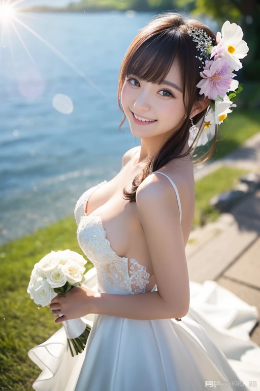A girl smiling in a sexy wedding dress, Japanese women。Beautiful breasts。
Textured skin, Flower storm、Front blur, Hair Flower, Lens flare, Sparkle Effect, reflected light, Lakeside。
look back