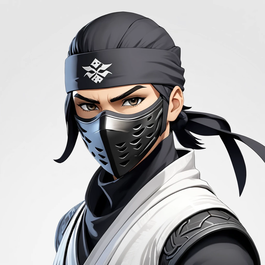 game "Mark of the ninja", animated realism, ninja, game photo, gros plan du corps, bare, (white background), mask, 4K, 8k, (head of'artwork, best quality, professionnel, composition parfaite, very aesthetic, absurdists, ultra-detailed, intricate details:1.3)