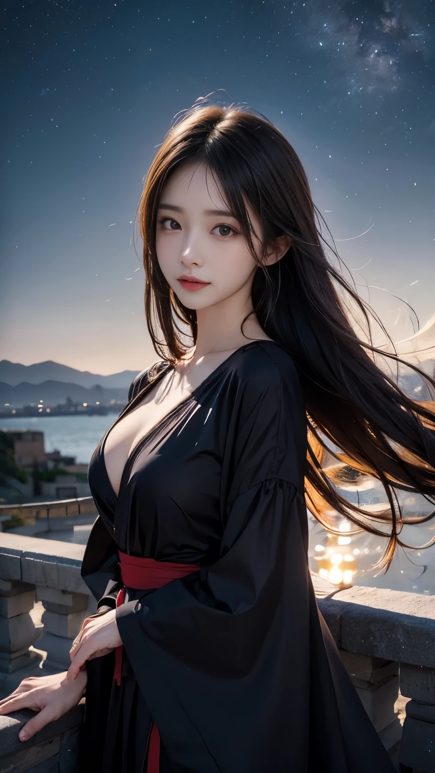 (logo、masterpiece、8k、Tabletop、RAW Photos、wonderful、最high quality、フォトリアルでVery detailedなCG合成8k壁紙、high quality、Very detailed、Narrative poem、Particle Effects、Dynamic Effects、Depth of the Boundary) What is written is、Cinematic Light、Lens flare、Ray Tracing）、Fantasy、（night、night空、Starry Sky、full moon）、（Girl looking up at the sky）、sit、cute、Japanese style、(smile)、Long Black Hair、Strong winds、(Hair blowing in the wind)、(Red dress)、Natural light、moonlight、(Horizontal photography)、( enhancement)、(Low position)、(Low - Angle)