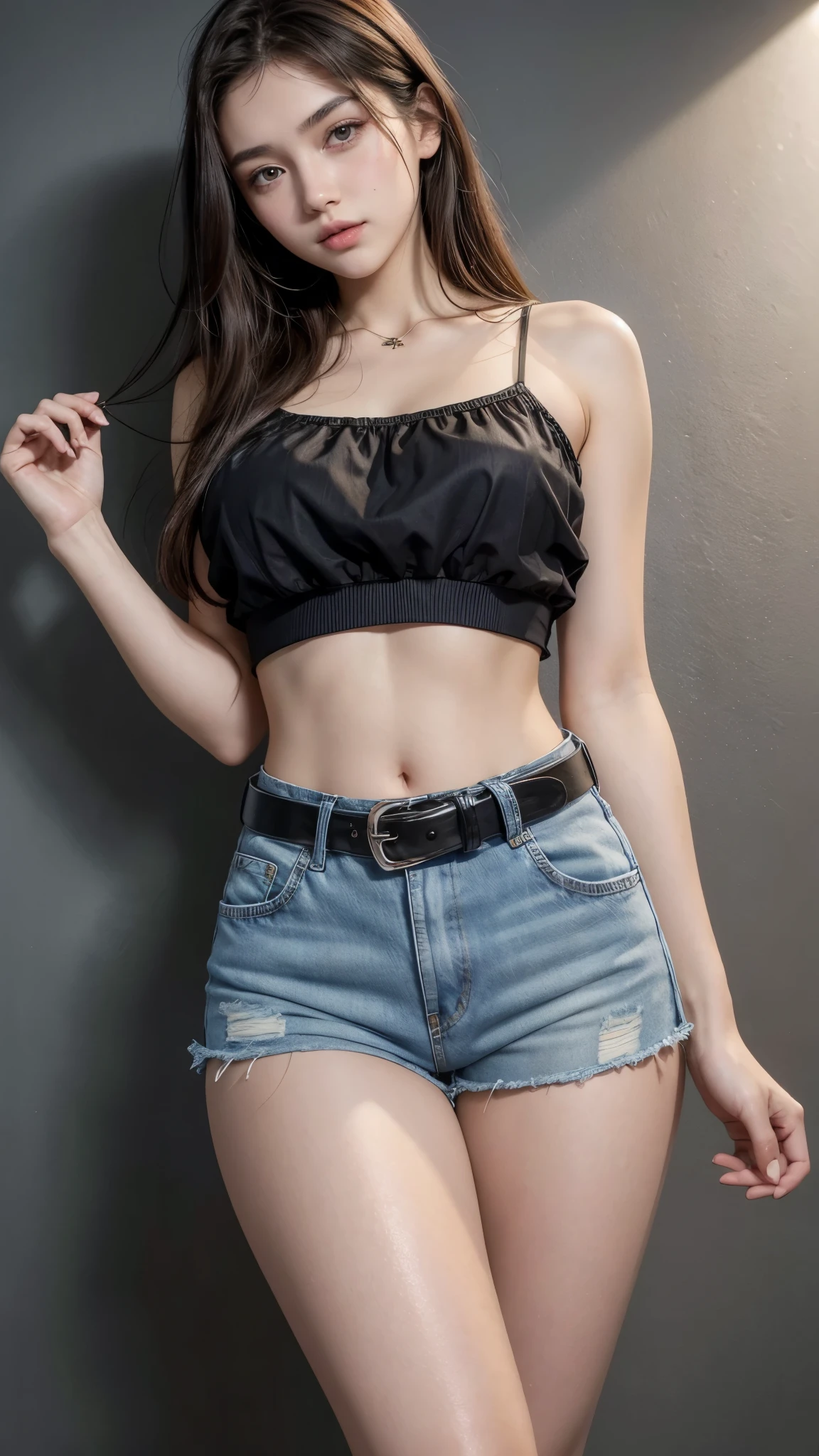 Beautiful 18-year-old brunette girl wearing a short spaghetti strap blouse and high-waisted denim shorts, wearing a black belt and showing her navel
