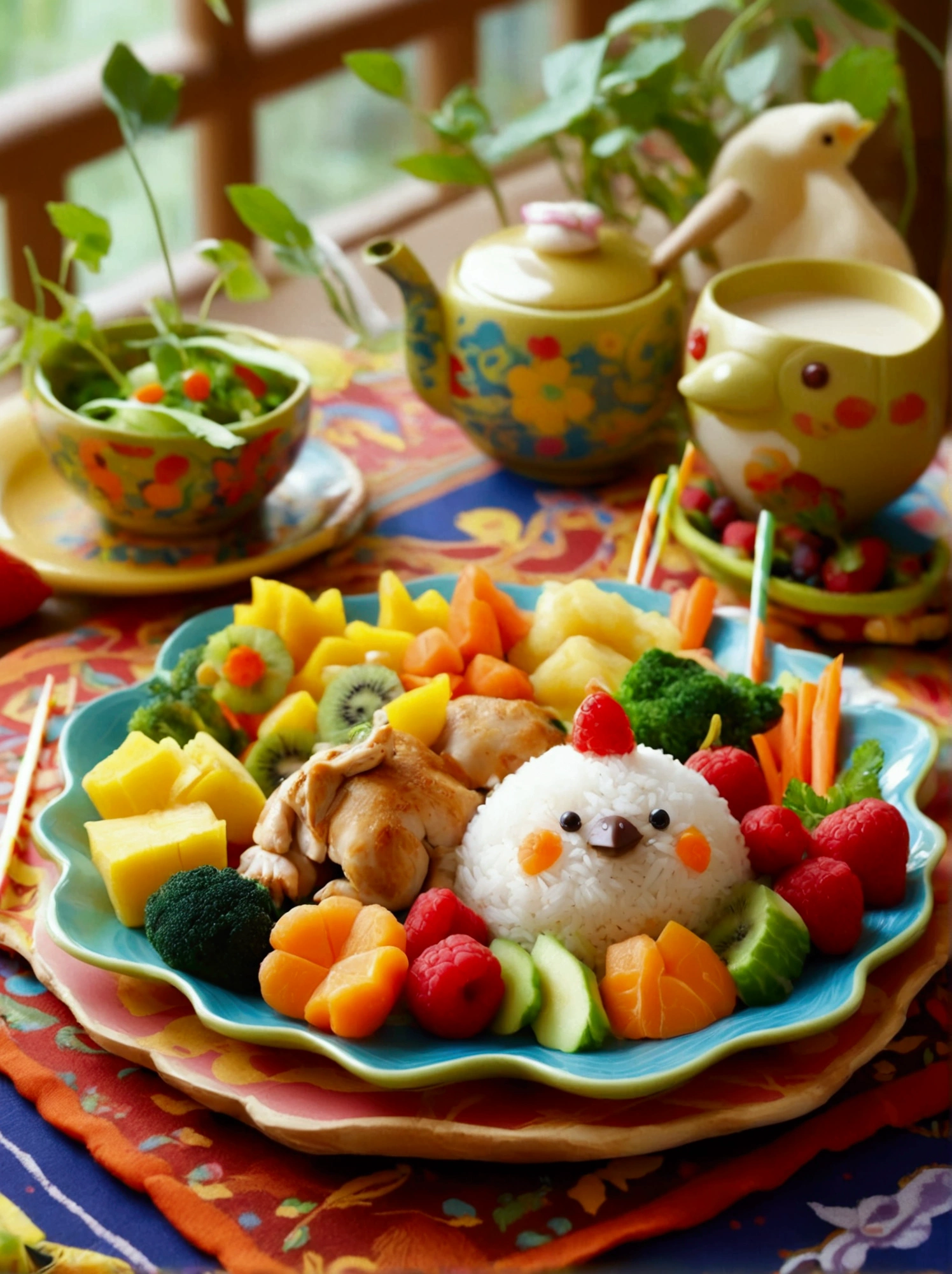 An inviting scene of a children's meal. Imagine a colourful plate in the shape of a cute animal, filled with a balanced selection of nutritious foods. A portion of steamed vegetables, a small portion of chicken, and a side of cooked rice creatively garnished to resemble a friendly creature. Beside the plate, a cup of milk with a brightly colored straw and a small bowl of fresh fruits for dessert are placed. All served on a colourful mat with playful patterns. Make sure to capture the lively and whimsical atmosphere of a kid's mealtime.