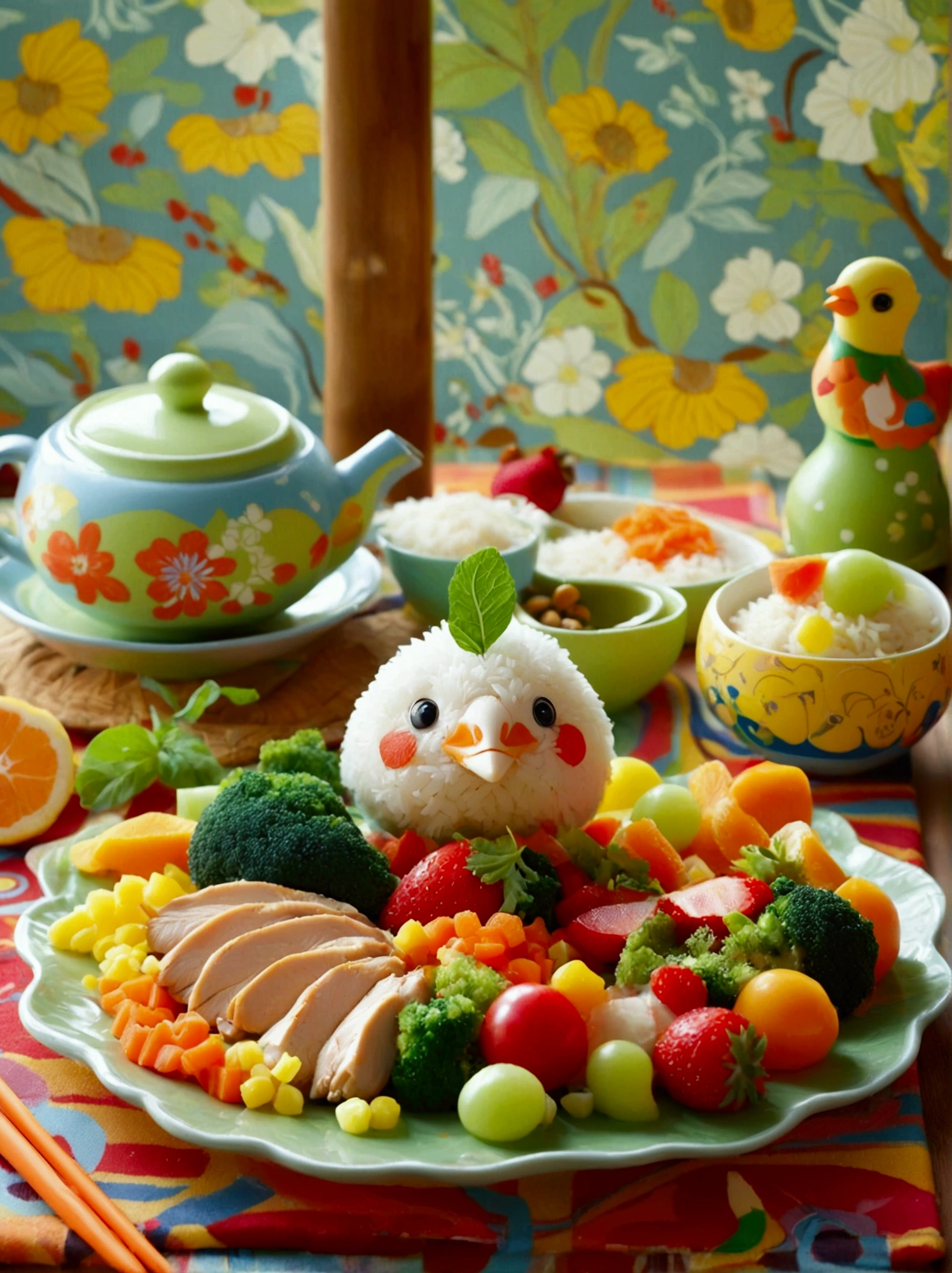 An inviting scene of a children's meal. Imagine a colourful plate in the shape of a cute animal, filled with a balanced selection of nutritious foods. A portion of steamed vegetables, a small portion of chicken, and a side of cooked rice creatively garnished to resemble a friendly creature. Beside the plate, a cup of milk with a brightly colored straw and a small bowl of fresh fruits for dessert are placed. All served on a colourful mat with playful patterns. Make sure to capture the lively and whimsical atmosphere of a kid's mealtime.