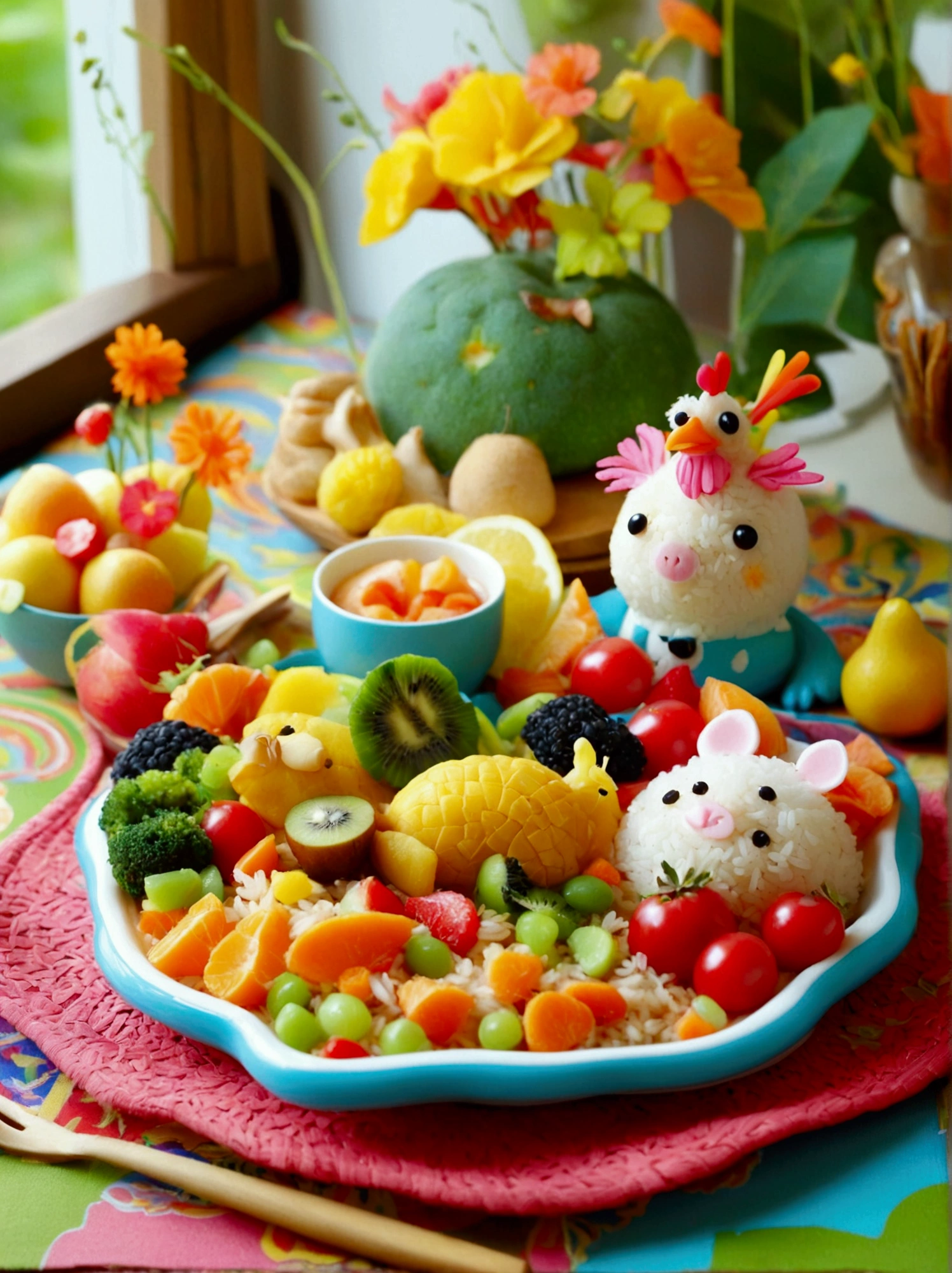 An inviting scene of a children's meal. Imagine a colourful plate in the shape of a cute animal, filled with a balanced selection of nutritious foods. A portion of steamed vegetables, a small portion of chicken, and a side of cooked rice creatively garnished to resemble a friendly creature. Beside the plate, a cup of milk with a brightly colored straw and a small bowl of fresh fruits for dessert are placed. All served on a colourful mat with playful patterns. Make sure to capture the lively and whimsical atmosphere of a kid's mealtime.