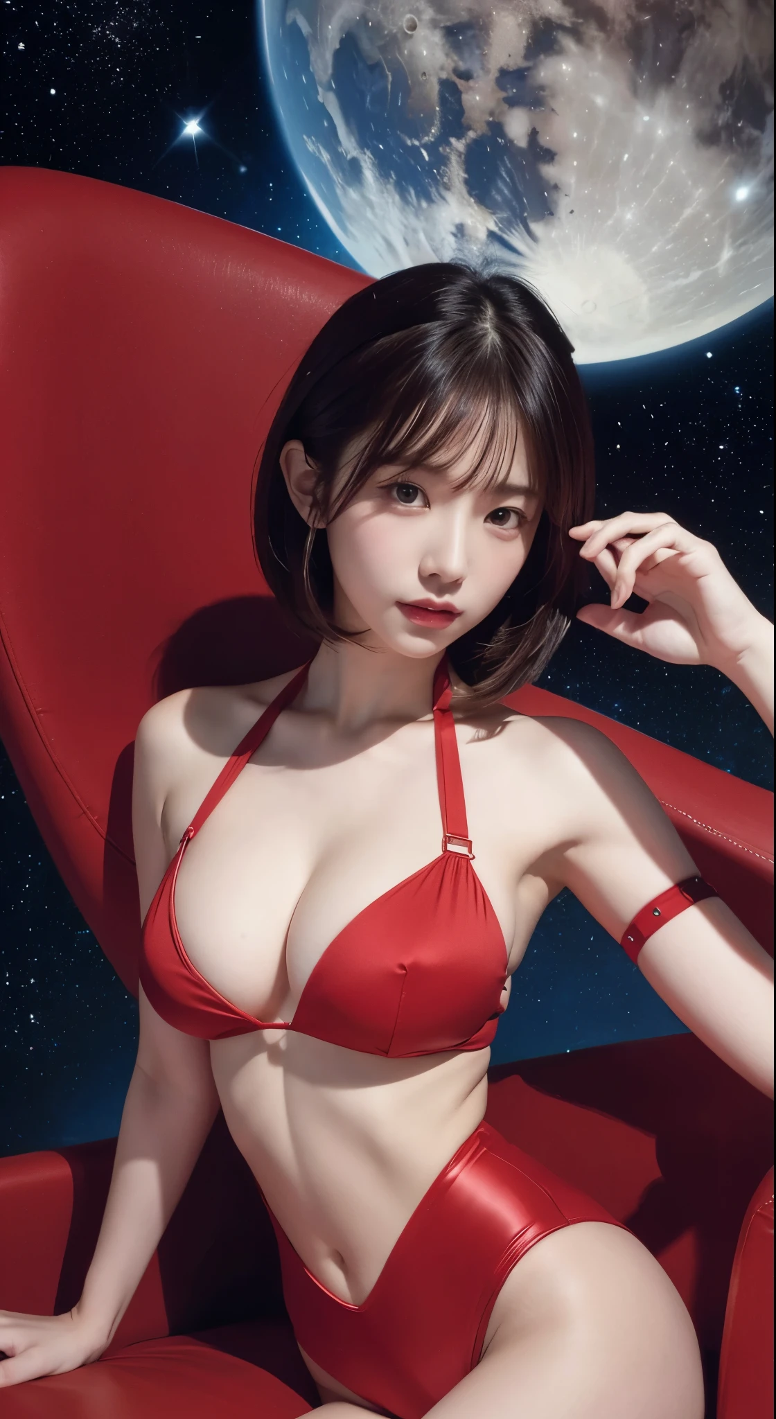 (masterpiece)、(Highest quality)、(The finest details)、(Distant general view)、(Edge wear paper)、(The main color of the illustration:Ultra Red)、(Secondary Color:sky blue)、Sexy posture、非常にdetailedな顔、Futuristic style vintage advertising poster、Western futuristic landscape、night(Many Stars、moon)、shading(detailed、A lot of contrast)