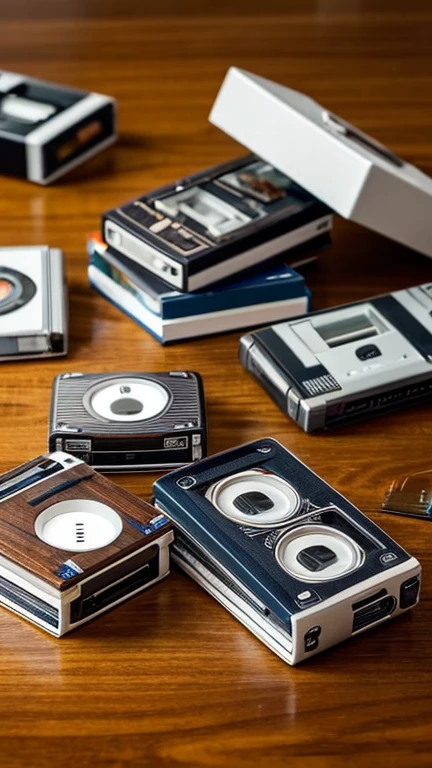 Cassette Tape Collection:"A collection of cassette tapes scattered on a wooden table. Some tapes are partially open with their magnetic tapes showing, evoking a sense of nostalgia."
