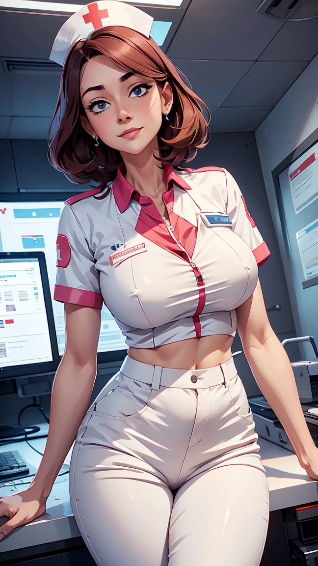 tall girl, shorth hair, Linda, happy nurse works in a hospital, nurse shirt, white nurse pants, futuristic design,