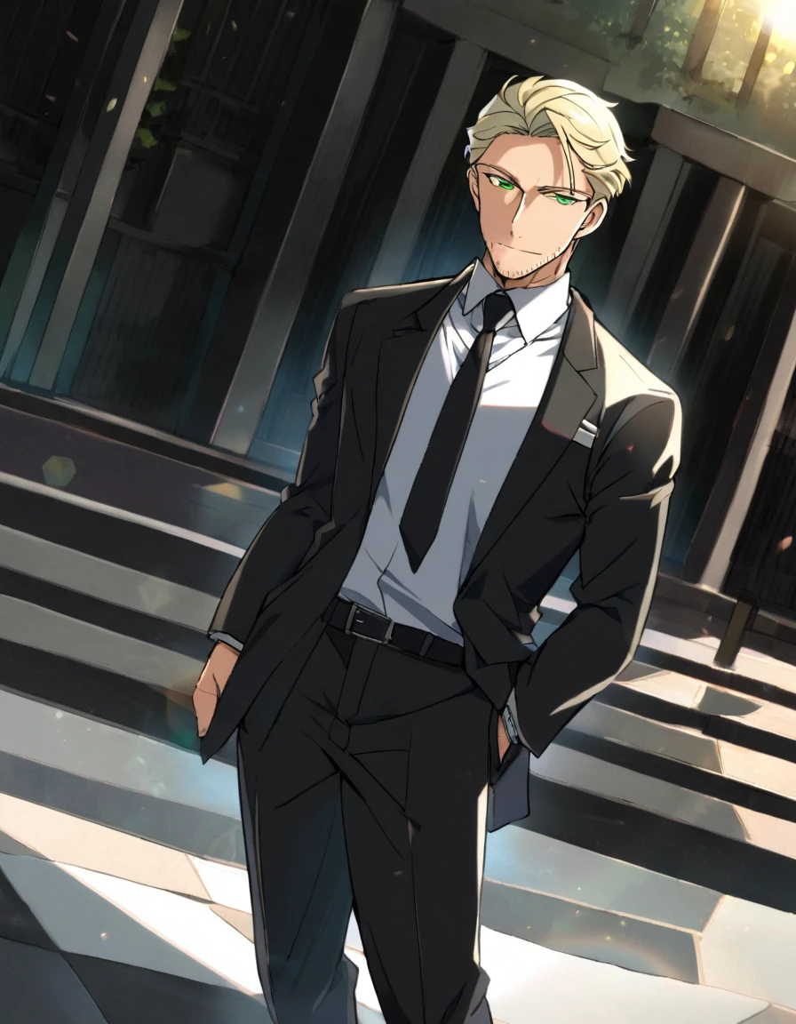 1man, veteran spy agent, handsome mature, business hair with asymmetrical bangs, narrow stubble, green platina blond hair, emerald eyes, 45yo, charming caucasian, ordinary uncle, pentagon shaped, BREAK ideal ratio body proportions, middle weight muscular, beautiful detailed eyes, dark iris, BREAK solo, businessman in black suit, black necktie, white shirt, softly smile, at wall street, detailed background, BREAK upperlegs, dandy posing, dramatic expression, 2000s, visual novel, in newest eroge style, dutch angle, cinematic shadows, cinematic lighting, lens flare, light leaks, absurdres absolutely resolution, hyperdetailed, incredibly absurdres